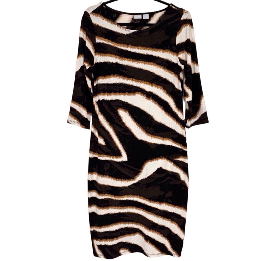 Chicos Travelers Zebra Print Midi Dress Slinky Stretchy Size 1 Women’s 8-10 Med